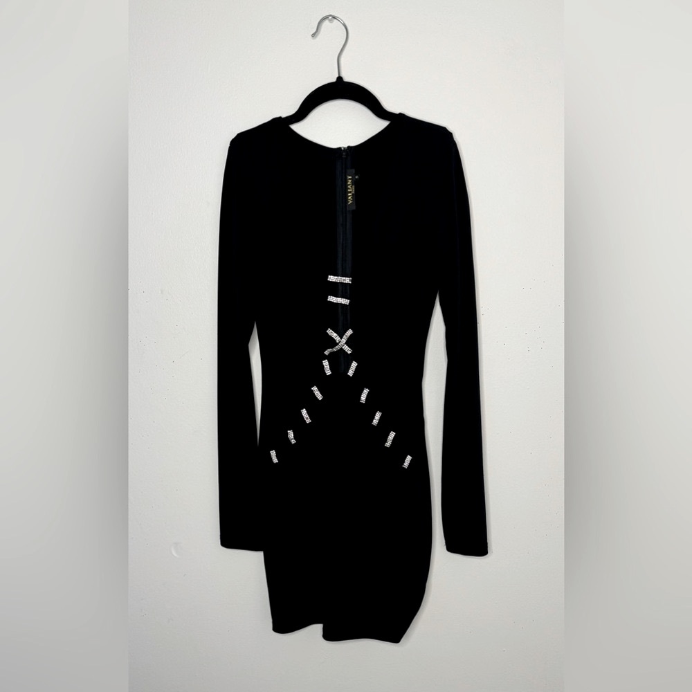 Valiant Paris Mini Black Dress Long Sleeve Size S Rhinestone Cut Out Back Zip